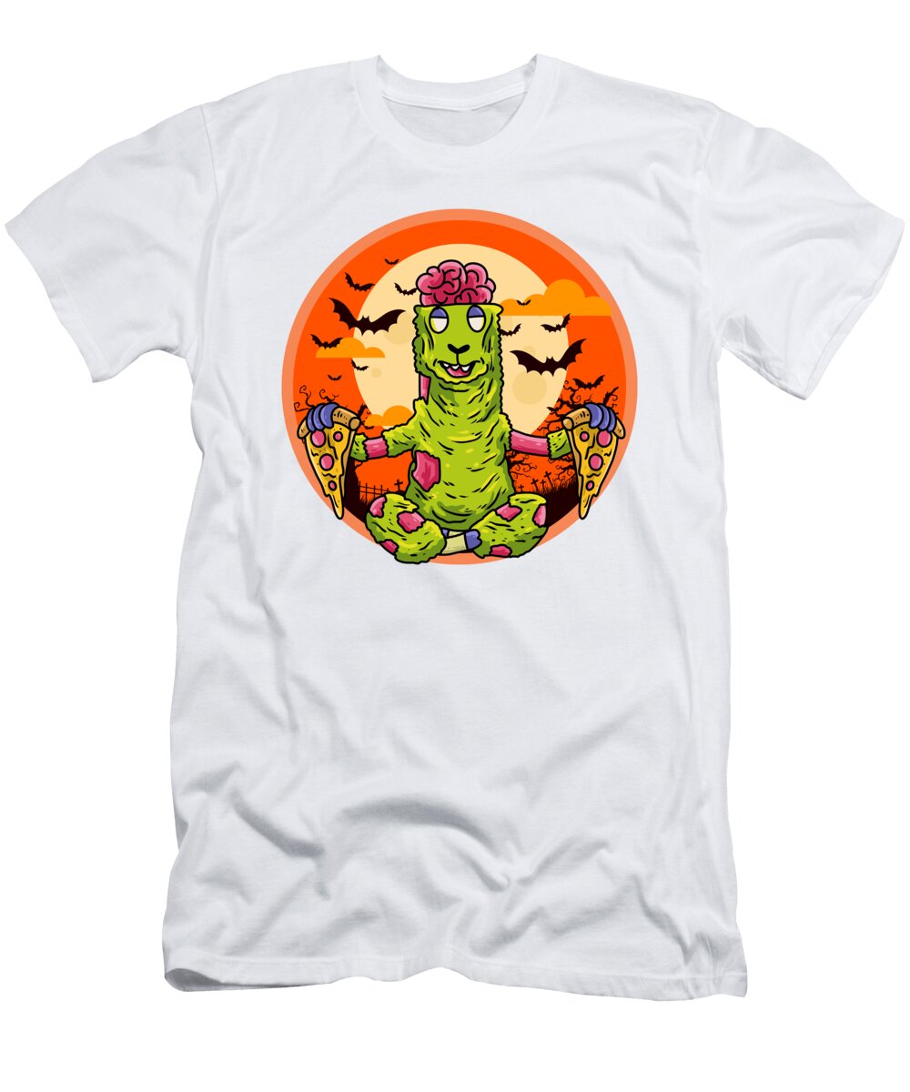 Cute Spooky Halloween Zombie Llama with Pizza Ernesto Tavares Gaiteiro T-Shirt