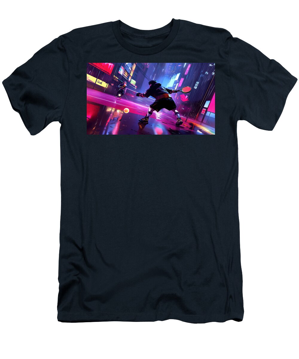 Cyberpunk Pickleball Match in Neon City Evie Carrier T-Shirt