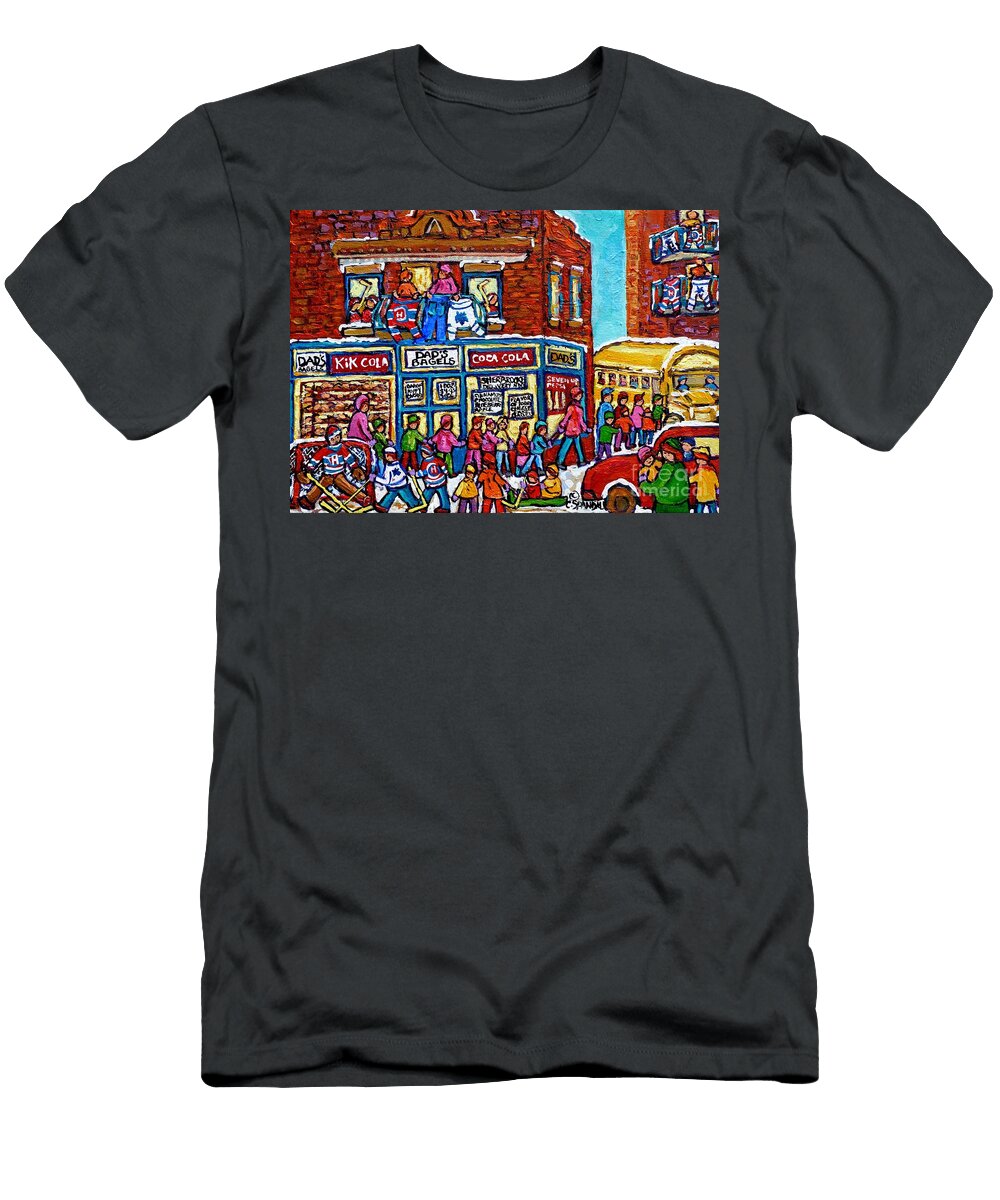 Dads Bagels Montreal Memories Sherbrooke Ndg Paintings Best Friends Hockey Game and Kids School Bus Carole Spandau T-Shirt