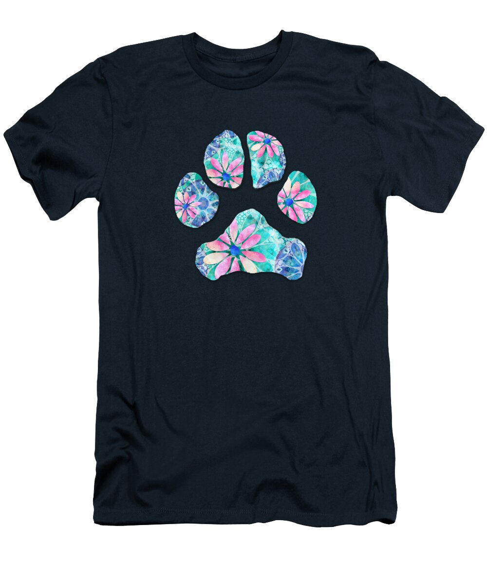 Dancing Daisies Blue and Pink Dog Paw Art Sharon Cummings T-Shirt