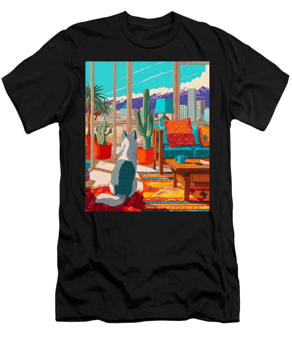 Denver Husky Dog City Skyline Retro Art Studi Alex T-Shirt