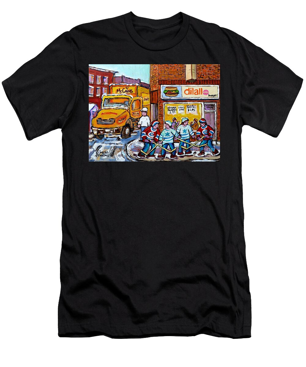 Dilallo Hamburger Restaurant St Henri Montrealwinter Scene Best Hamburger Joint Street Hockey Game Carole Spandau T-Shirt