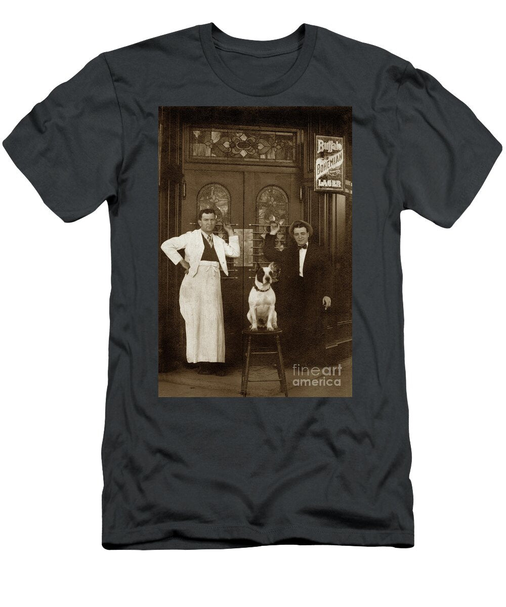 Dog on a Bar Stool with Bartender and an Other Man in Front of a California Views Mr Pat Hathaway Archives T-Shirt