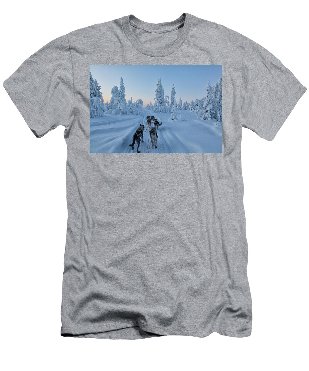 Dogsledding Through the Forest At Dusk Johnathan Ampersand Esper T-Shirt