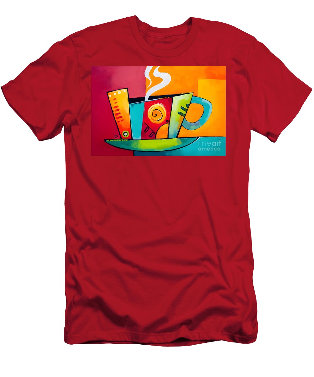 Dynamic Brew Abstract Coffee Cup with Geometric Shapes and Vibrant Steam Olfactoart Studio T-Shirt
