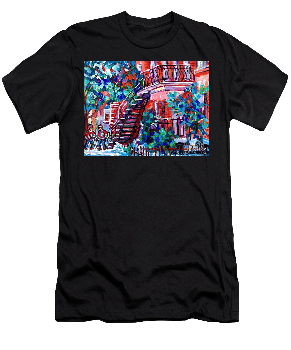 Early Winter French Staircase Montreal Snowscene Quebec Hockey Art Canadian Painting Carole Spandau Carole Spandau T-Shirt