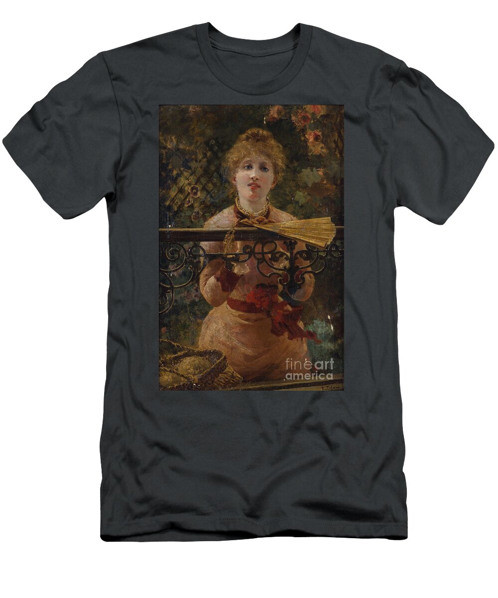 Edoardo Tofano Italian 1838 1920 Portrait of a Lady Holding a Fan By a Garden Fence Artistic Rifki T-Shirt