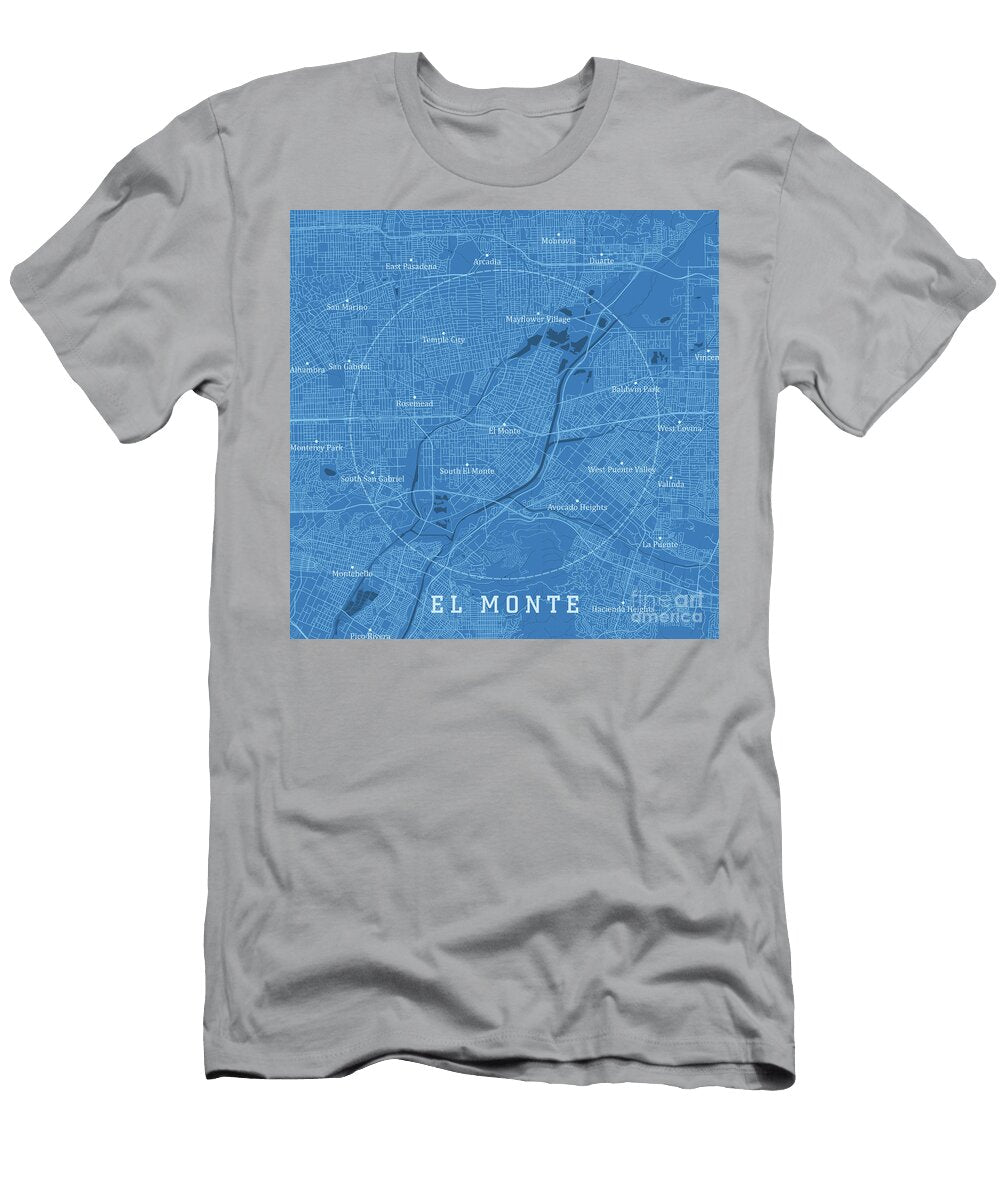 El Monte Ca City Vector Road Map Blue Text Frank Ramspott T-Shirt