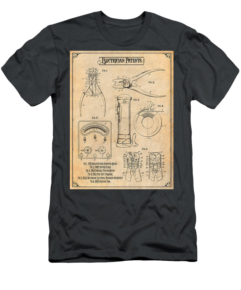 Electrician Patents Print Antique Paper Greg Edwards T-Shirt