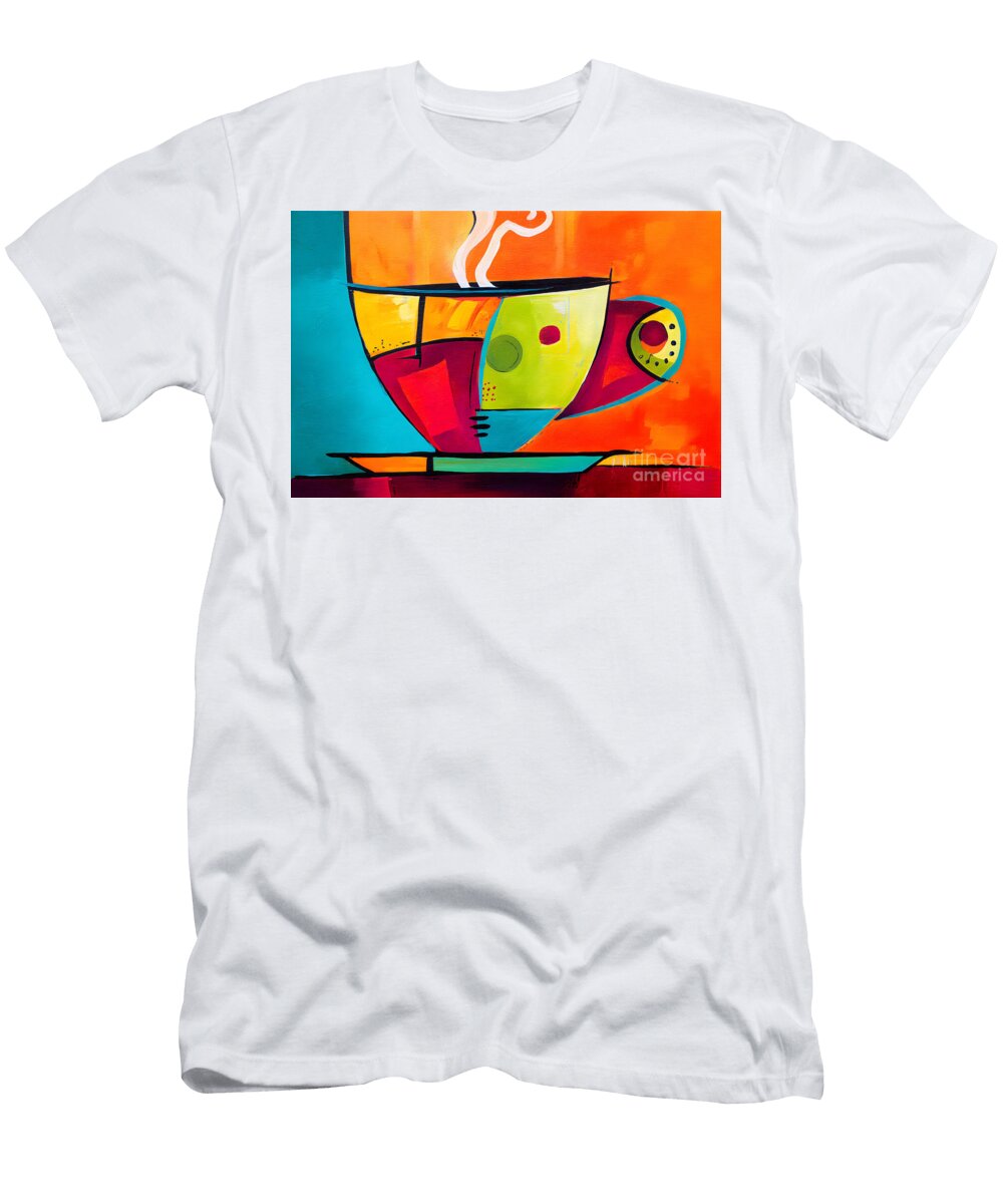 Energize Your Senses a Steaming Cup and Saucer Explodes with Bold Geometric Colors Olfactoart Studio T-Shirt