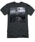 Exploring the Depths Solitary Freediver Swimming Underwater Over Coral Reefs Black and White Dmr Filho T-Shirt