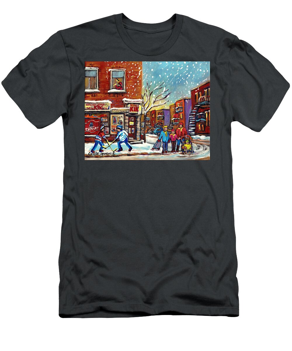 Face Off Street Hockey At the Corner Dep Snow Falling Streets of Montreal Quebec Artist C Spandau Carole Spandau T-Shirt