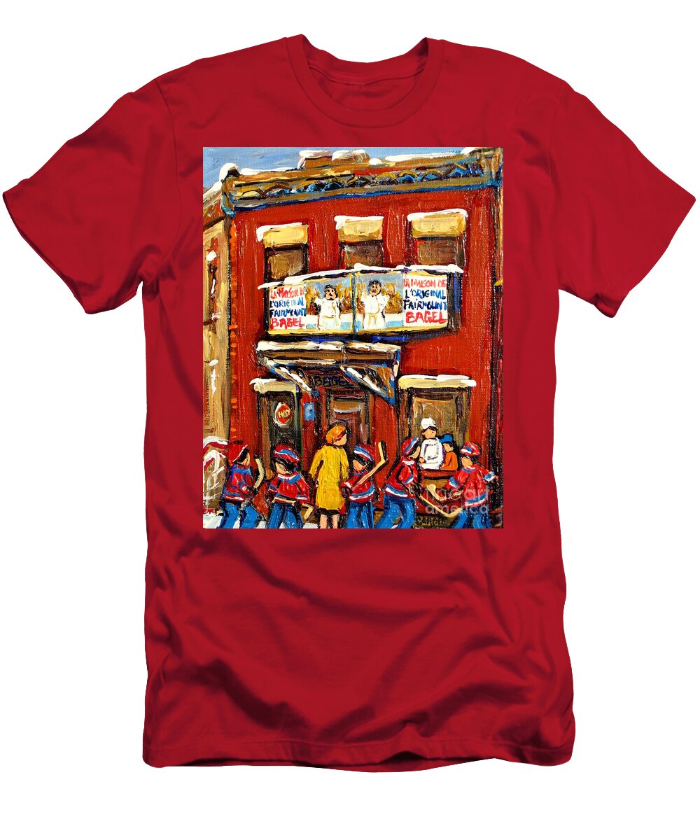 Fairmount Bagel Montreal Winter Scene with Canadiens Street Hockey Players Canadian Art C Spandau Carole Spandau T-Shirt