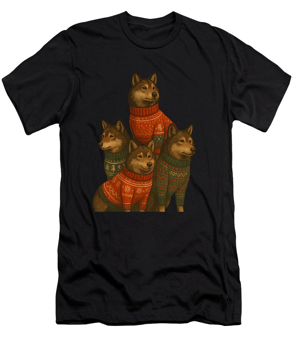 Family of Wolves in Ugly Christmas Sweater Natalie Lidford T-Shirt