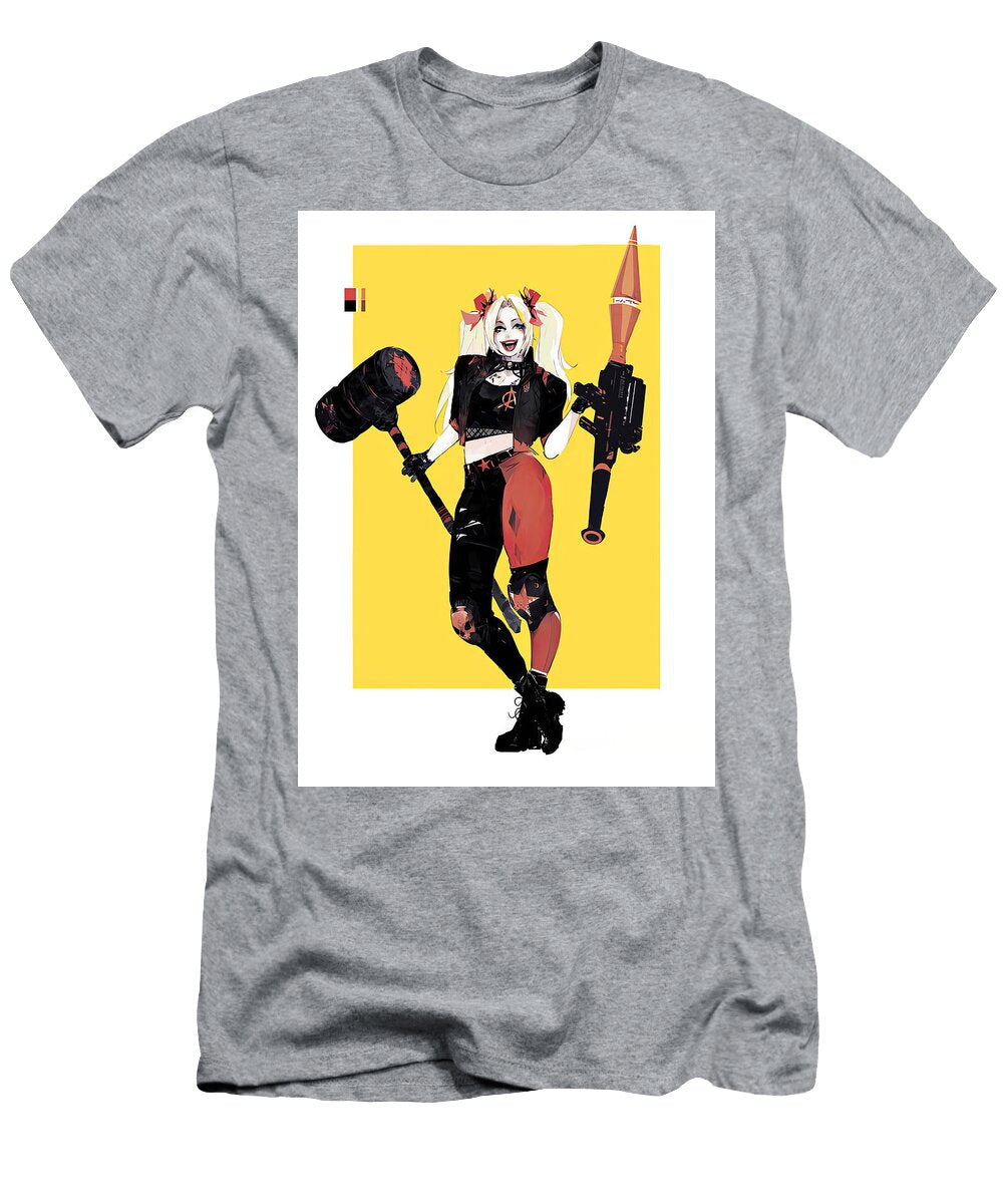 Female Character with Hammer and Rocket Launcher on Yellow Backg Matcha Coffe T-Shirt