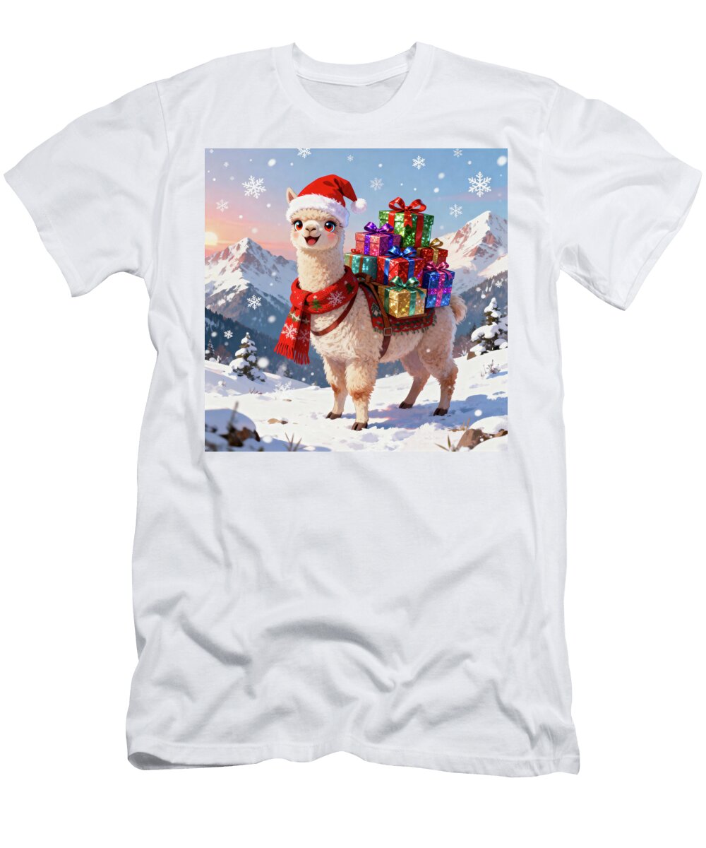 Festive Alpaca in Snowy Mountains in Christmas Santa Hat Charlesy T-Shirt