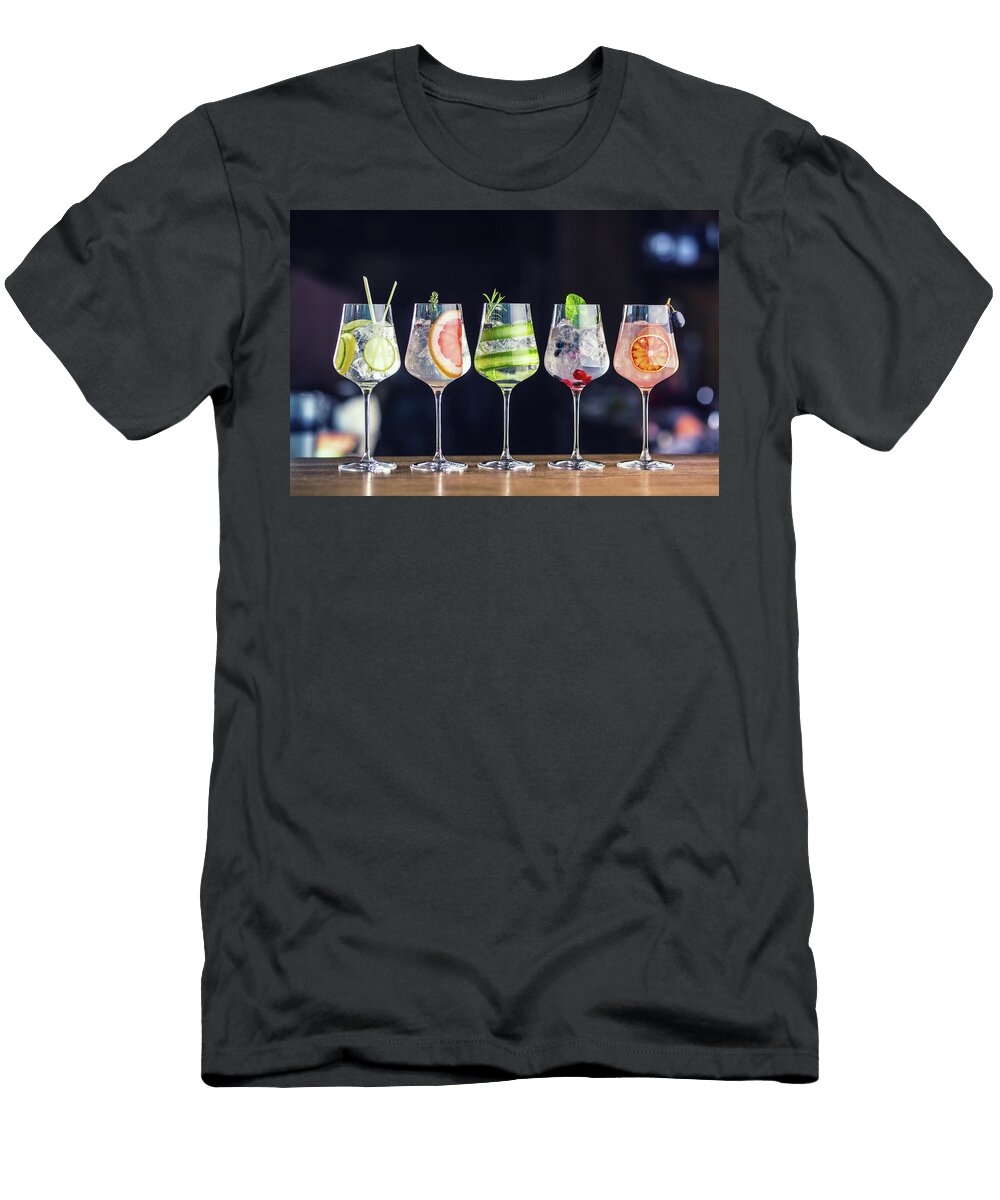 Five Colorful Gin Tonic Cocktails in Wine Glasses on Bar Counter Cocktails T-Shirt