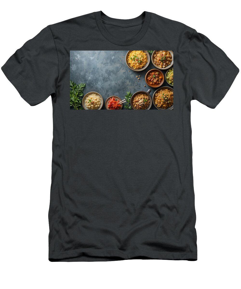 Flat Lay of Assorted Asian Vegetarian Dishes and Noodles with Copy Space Talha Khan T-Shirt