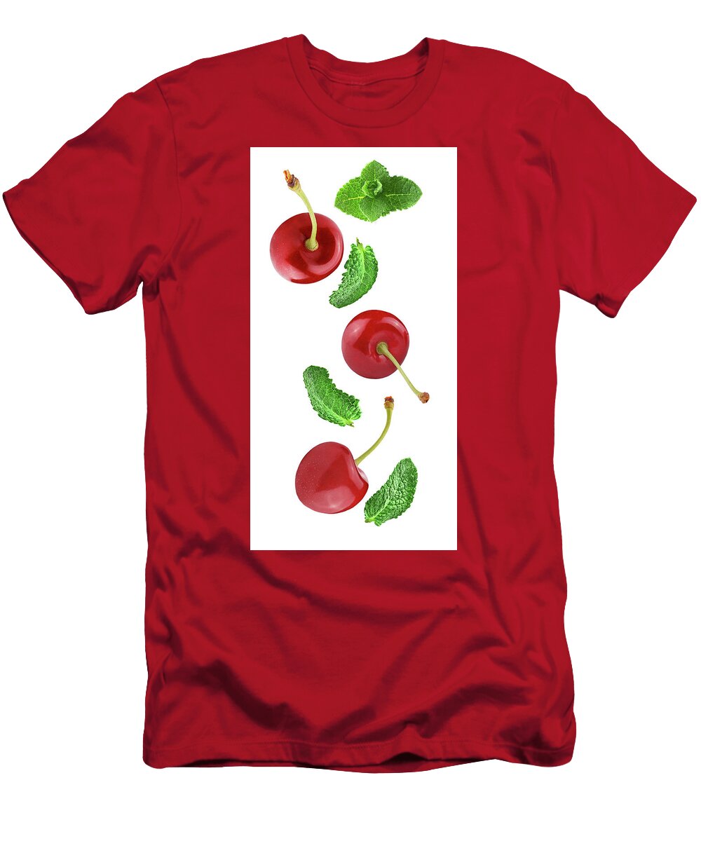 Flying Fresh Cherry and Mint Isolated on White Rodica Ciorba T-Shirt
