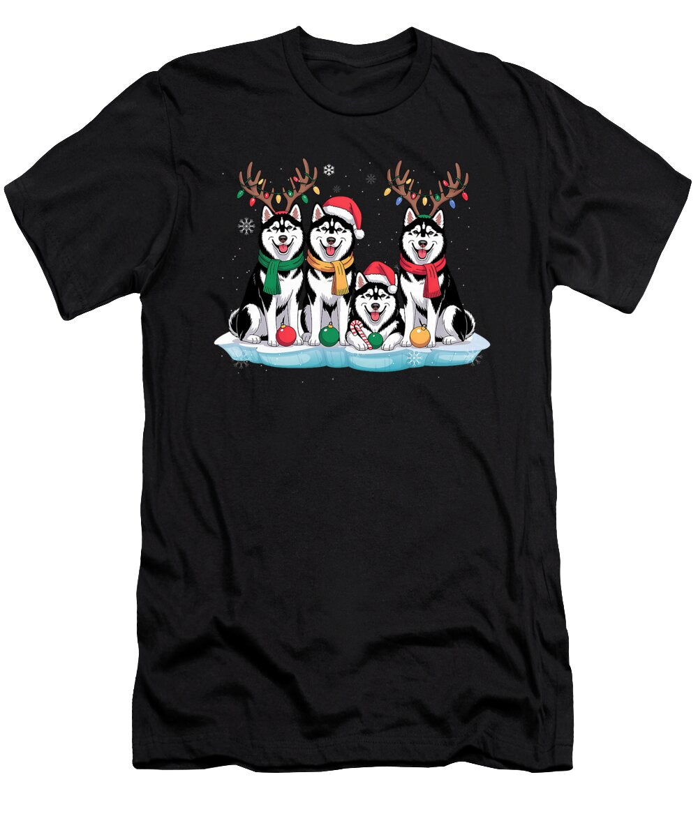 Four Siberian Husky Dogs Christmas Light Santa Natalie Lidford T-Shirt
