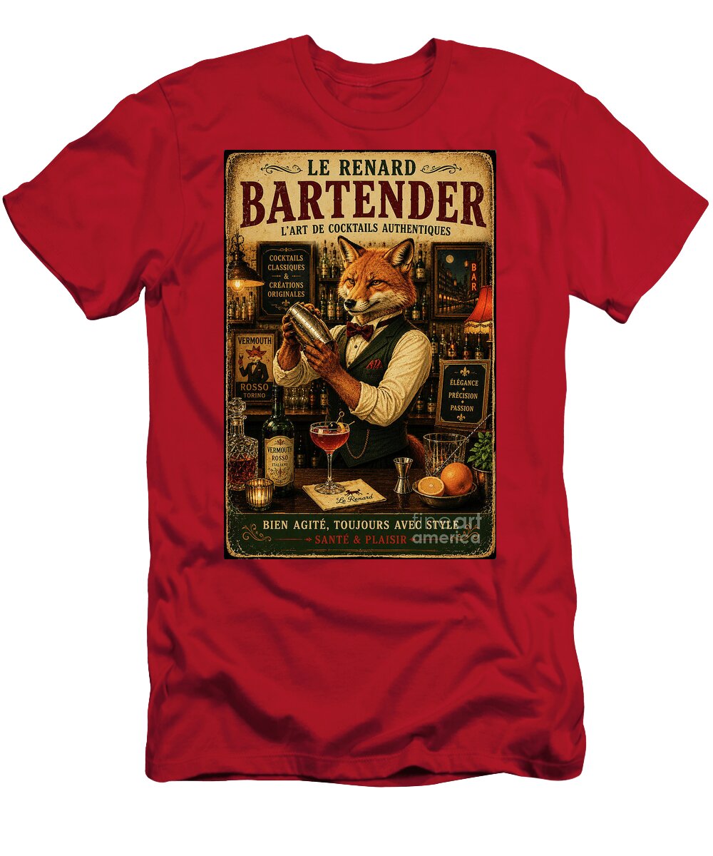 Fox Bartender Vintage Cocktail Poster Retro Speakeasy Bar Wall Art Luis Vieira T-Shirt