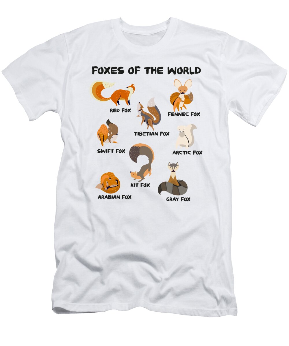 Foxes of the World Cute Fox Breeds Animals Educational Toms Store T-Shirt