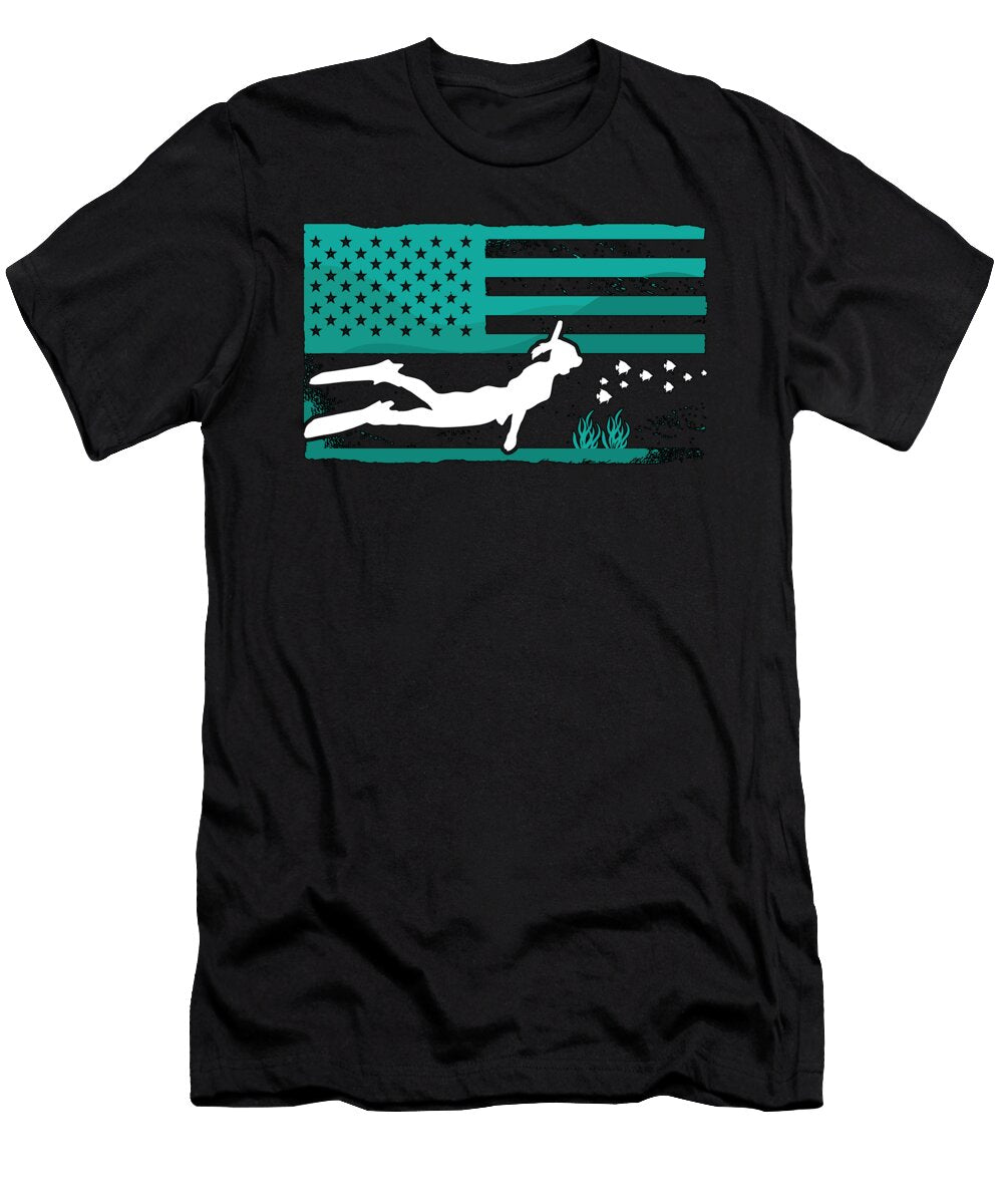 Freediving American Flag Diving Apnoe Freediver Tshirtconcepts Marvin Poppe T-Shirt