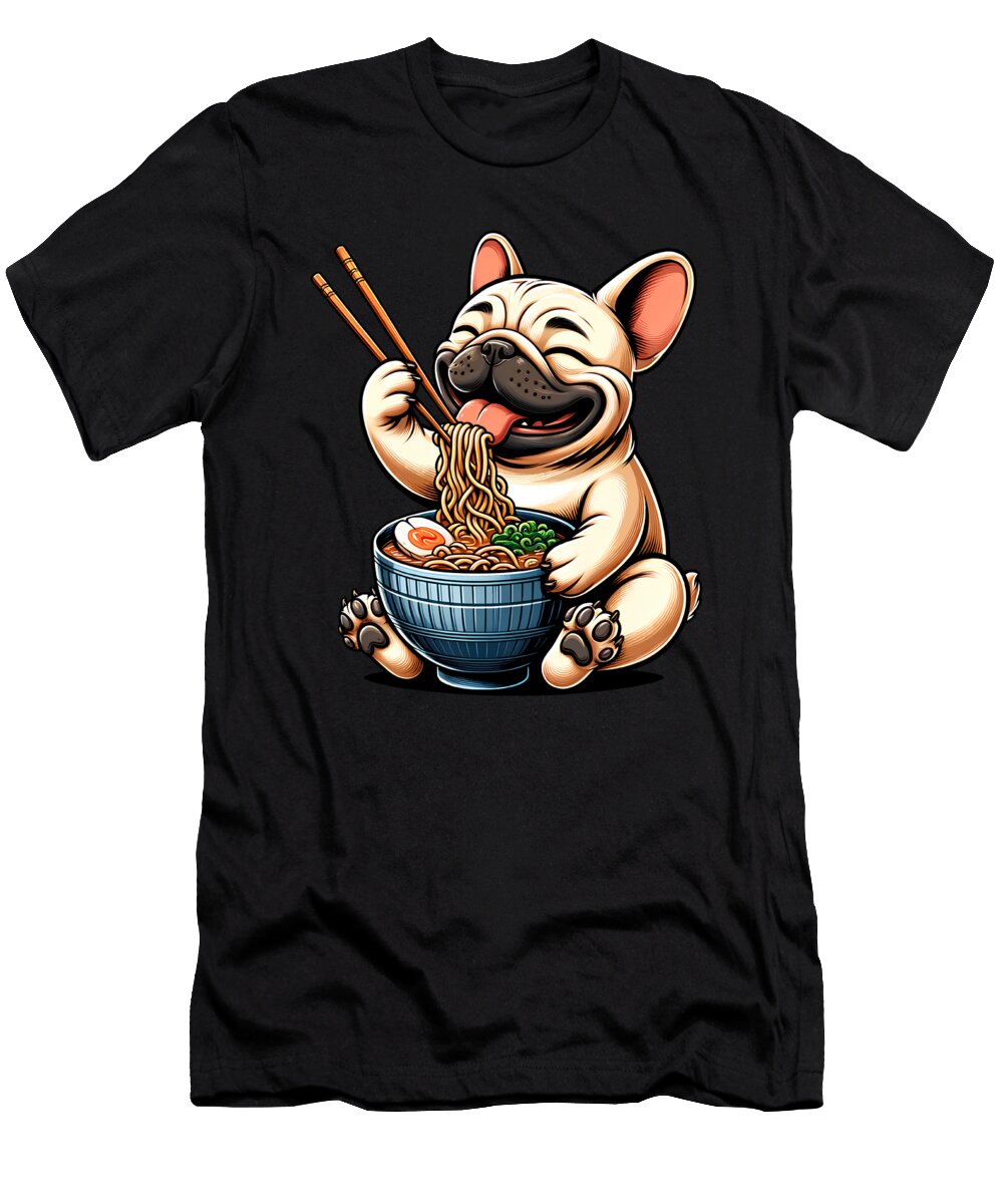 French Bulldog Eating Ramen Noodle Anime Frenchie Kawaii Japanese Food Lover Job T-Shirt