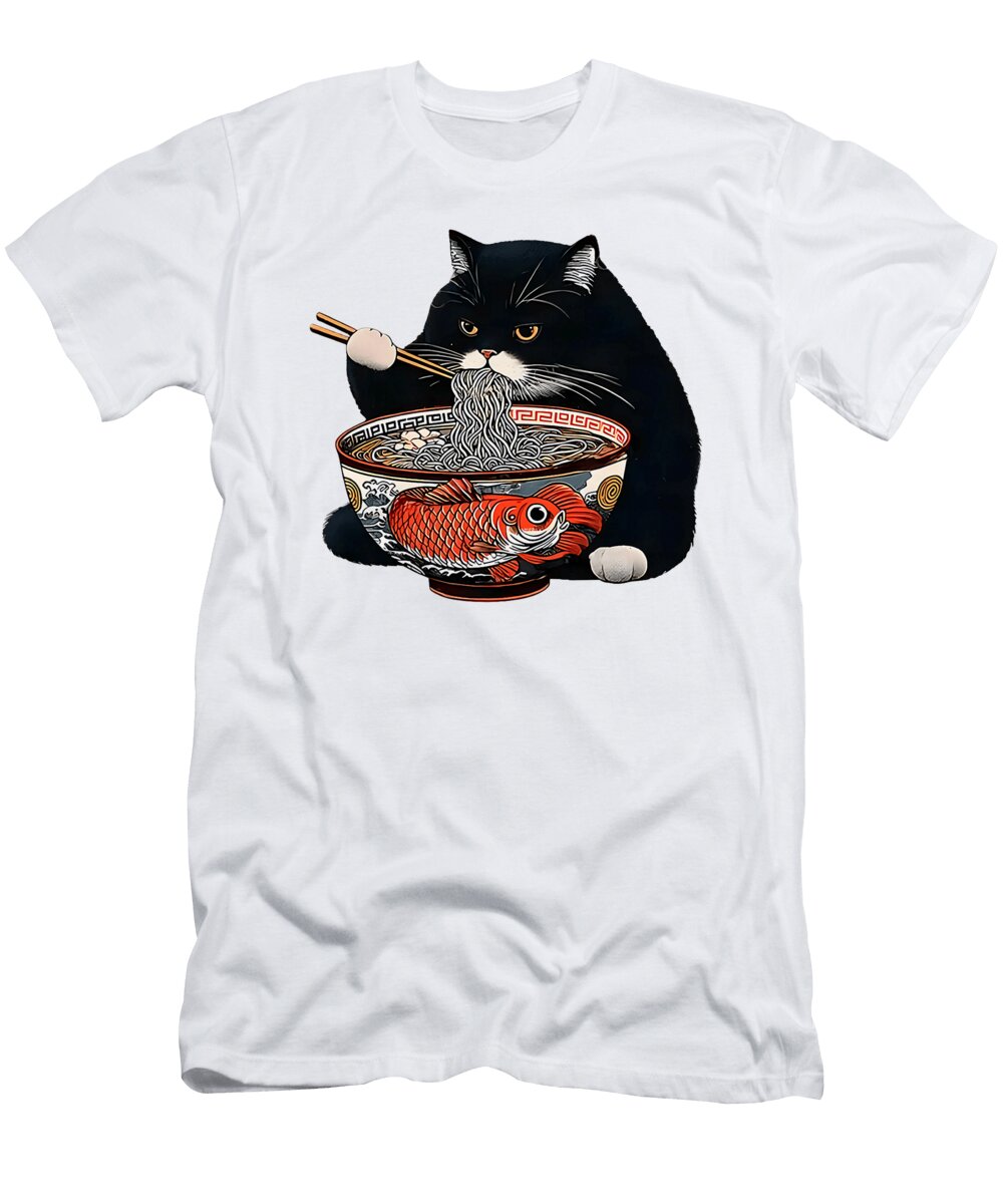 Funny Black Fat Cat Eating Ramen Zyneu Gangd T-Shirt
