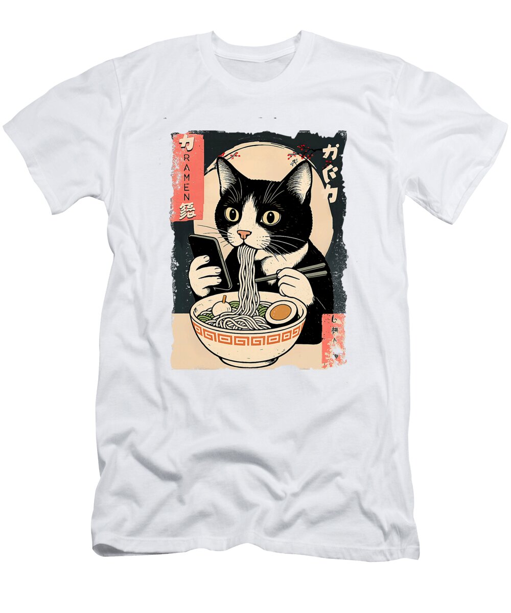 Funny Cat Eating Ramen and Scroll Phone Anime Zyneu Gangd T-Shirt