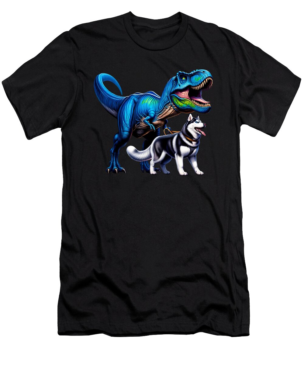Funny Dinosaur Siberian Husky Walking Dog Lover Job T-Shirt