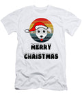 Funny Dog Face Grey Cartoon with Santa Claus Hat on Retro Sunset Circle Stripes Grunge Background Mounir Khalfouf T-Shirt