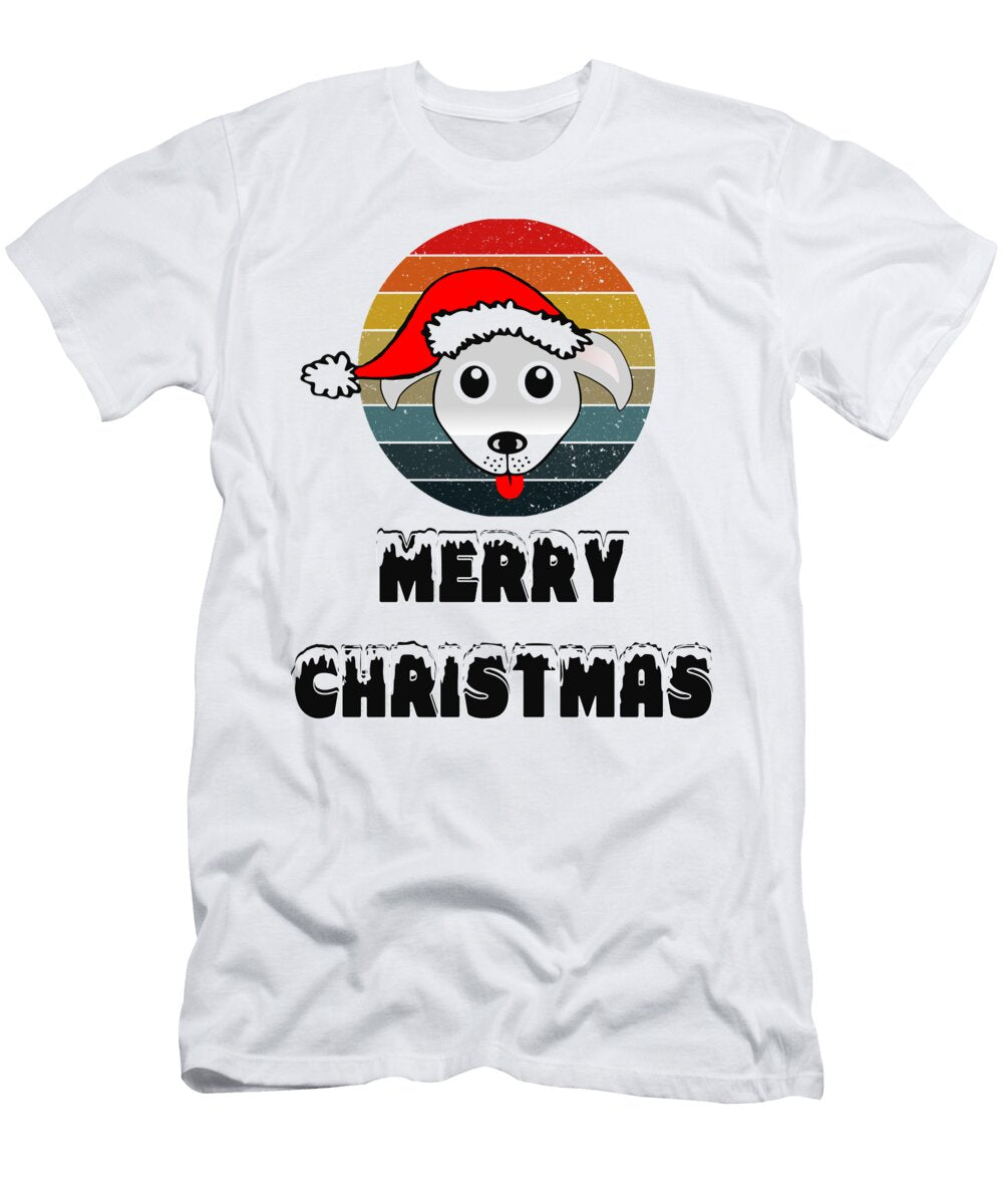 Funny Dog Face Grey Cartoon with Santa Claus Hat on Retro Sunset Circle Stripes Grunge Background Mounir Khalfouf T-Shirt