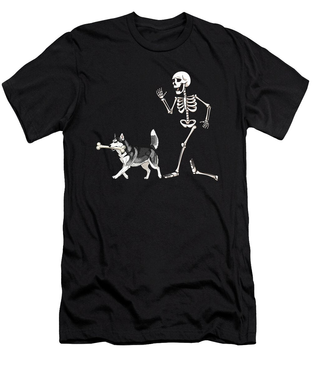 Funny Halloween Siberian Husky and Skeleton Sophie Eleanor T-Shirt