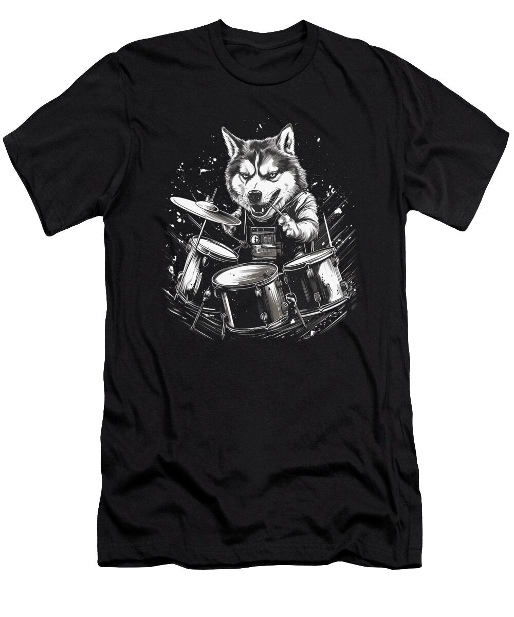 Funny Husky Dog Playing Drums Funny Natalie Lidford T-Shirt