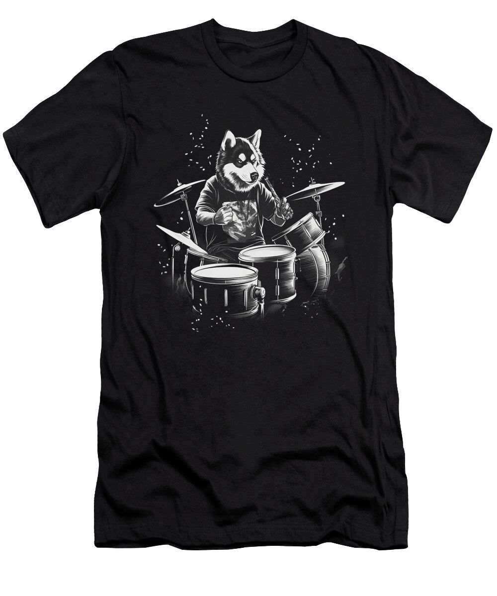 Funny Husky Dog Playing Drums Natalie Lidford T-Shirt