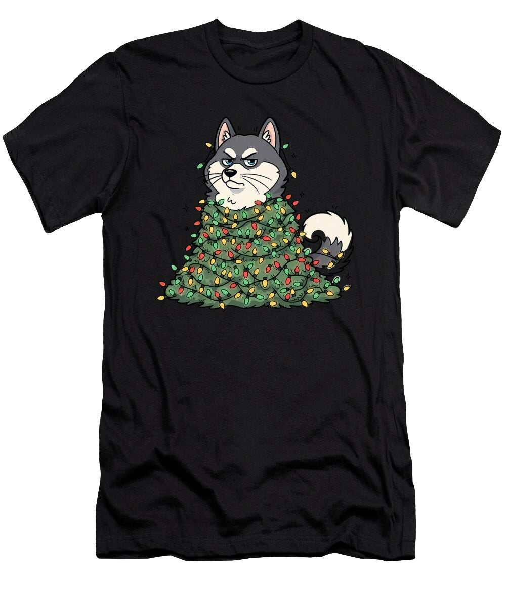 Funny Husky Tangled in Christmas Lights Grumpy Zyneu Gangd T-Shirt