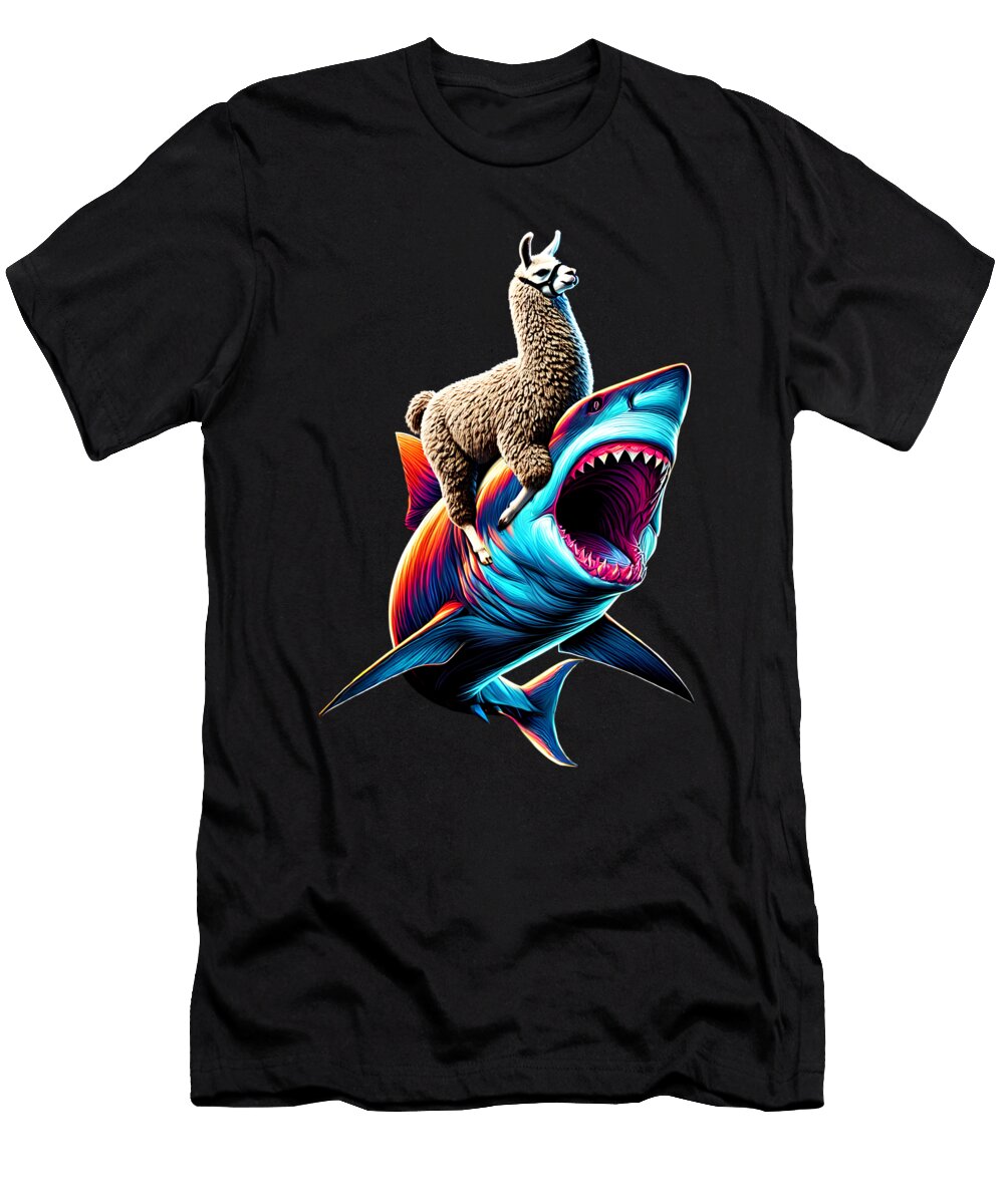 Funny Llama Riding Shark Alpaca Lover Job T-Shirt