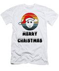 Funny Sheep Face White Cartoon with Santa Claus Hat on Retro Sunset Circle Stripes Grunge Background Mounir Khalfouf T-Shirt