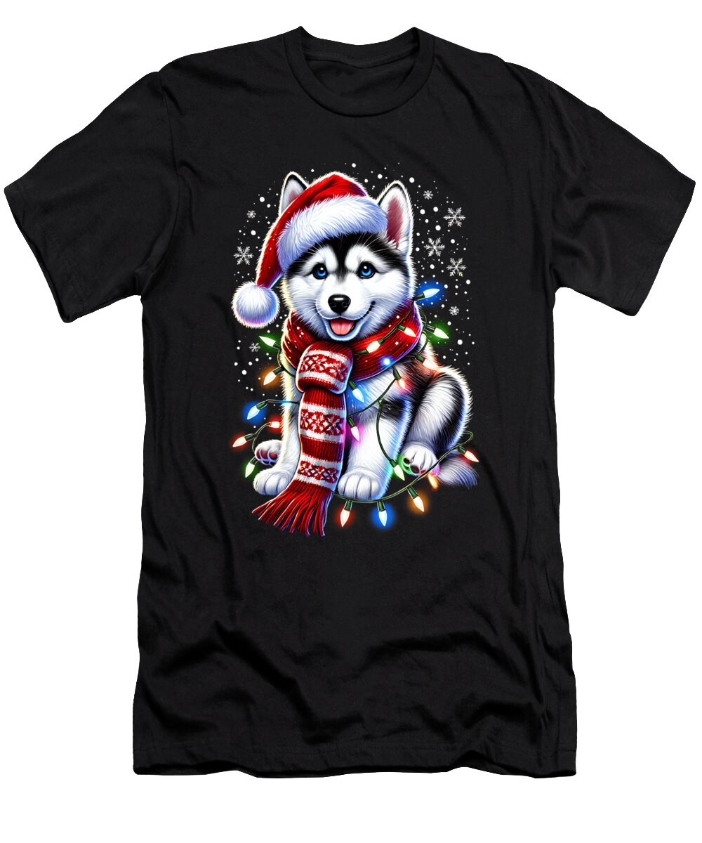 Funny Siberian Husky Christmas Tree Lights Xmas Dog Lover Job T-Shirt