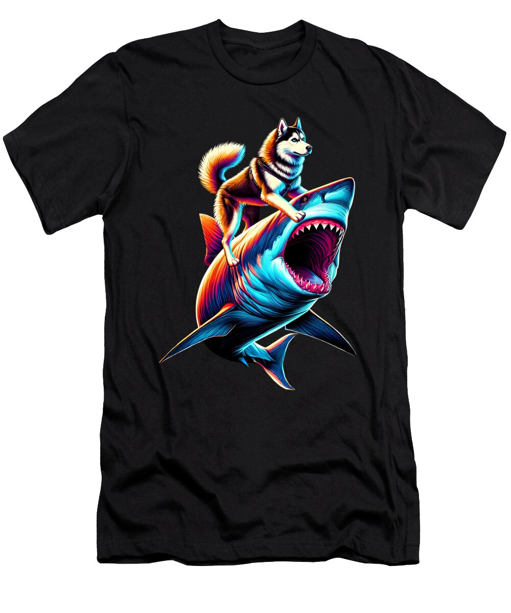 Funny Siberian Husky Riding Shark Siberian Husky Lover Job T-Shirt