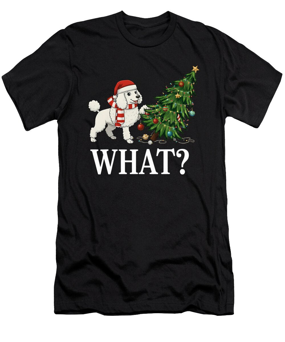 Funny Xmas Poodle Pushing Christmas Tree Over Sophie Eleanor T-Shirt