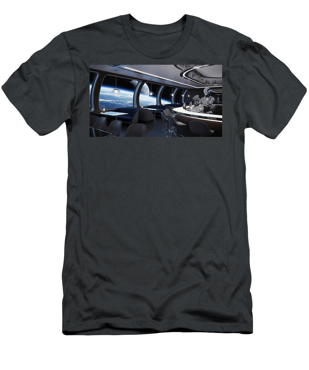 Futuristic Space Bar with Robot Bartender Mango Art T-Shirt