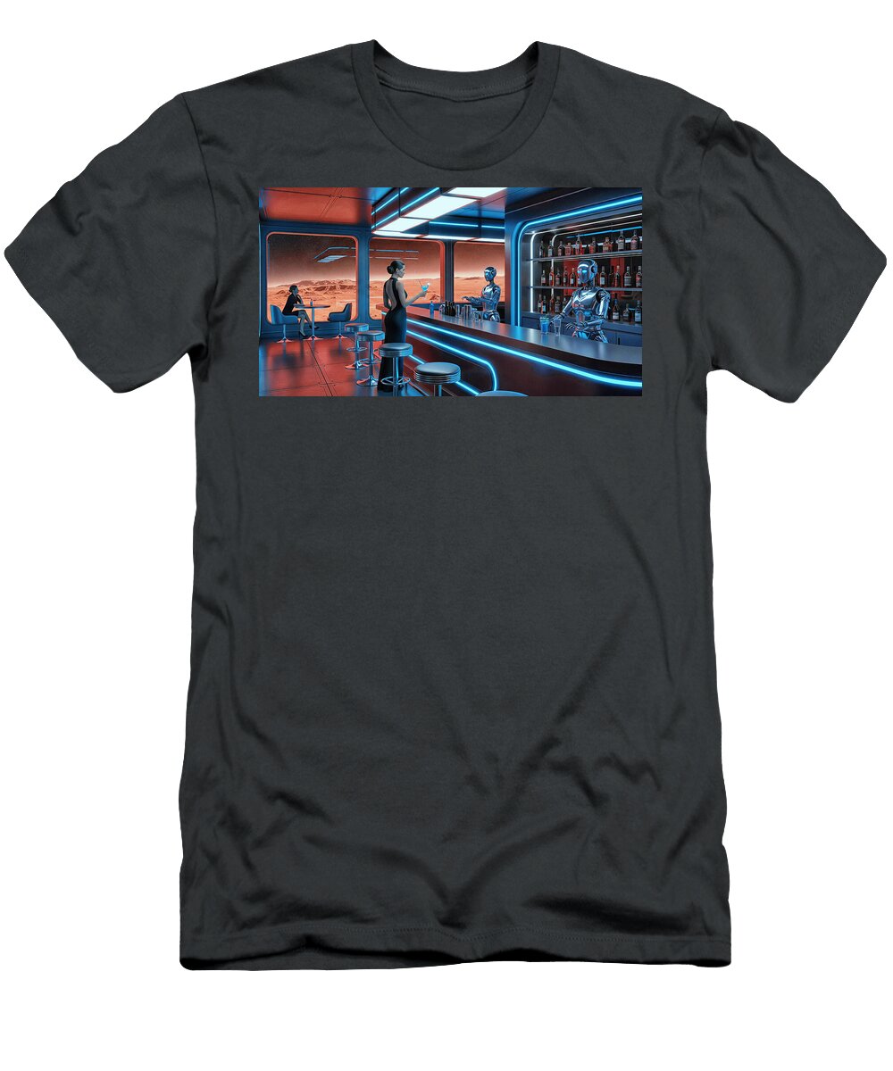 Futuristic Space Bar with Robots Mango Art T-Shirt