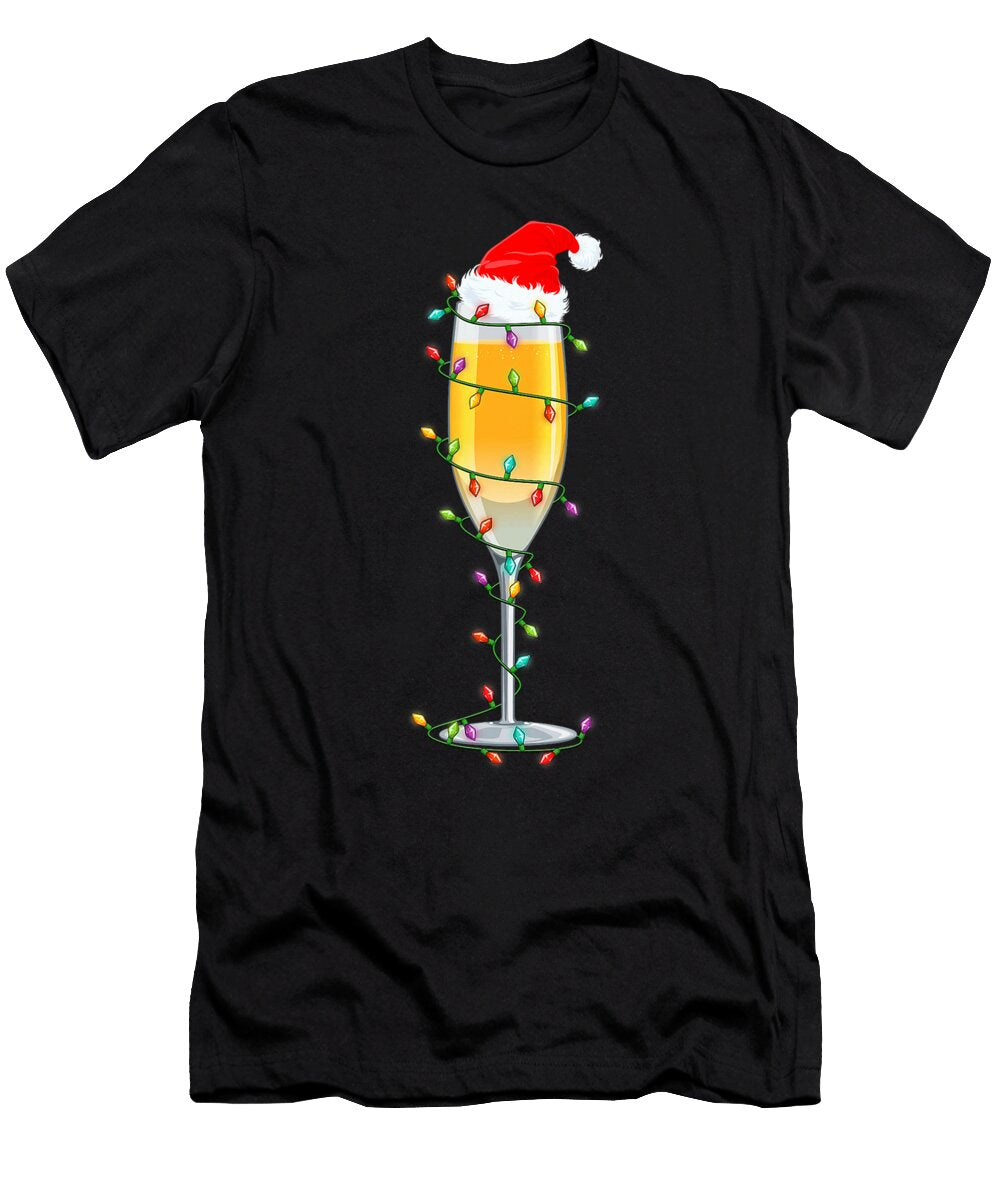 Glass of Champagne Santa Hat Xmas Lights Merry Natalie Lidford T-Shirt