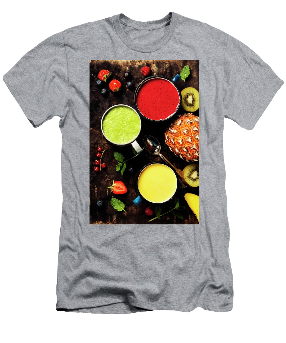 Glasses of Various Smoothies with Straws and Fruits Natalia Klenova T-Shirt
