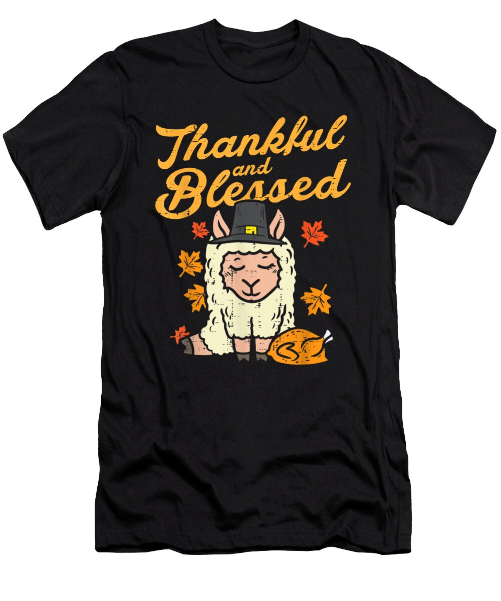 Good Thankful Blessed Pilgrim Llama Turkey Thanksgiving Alpaca Retro Ezone Prints T-Shirt