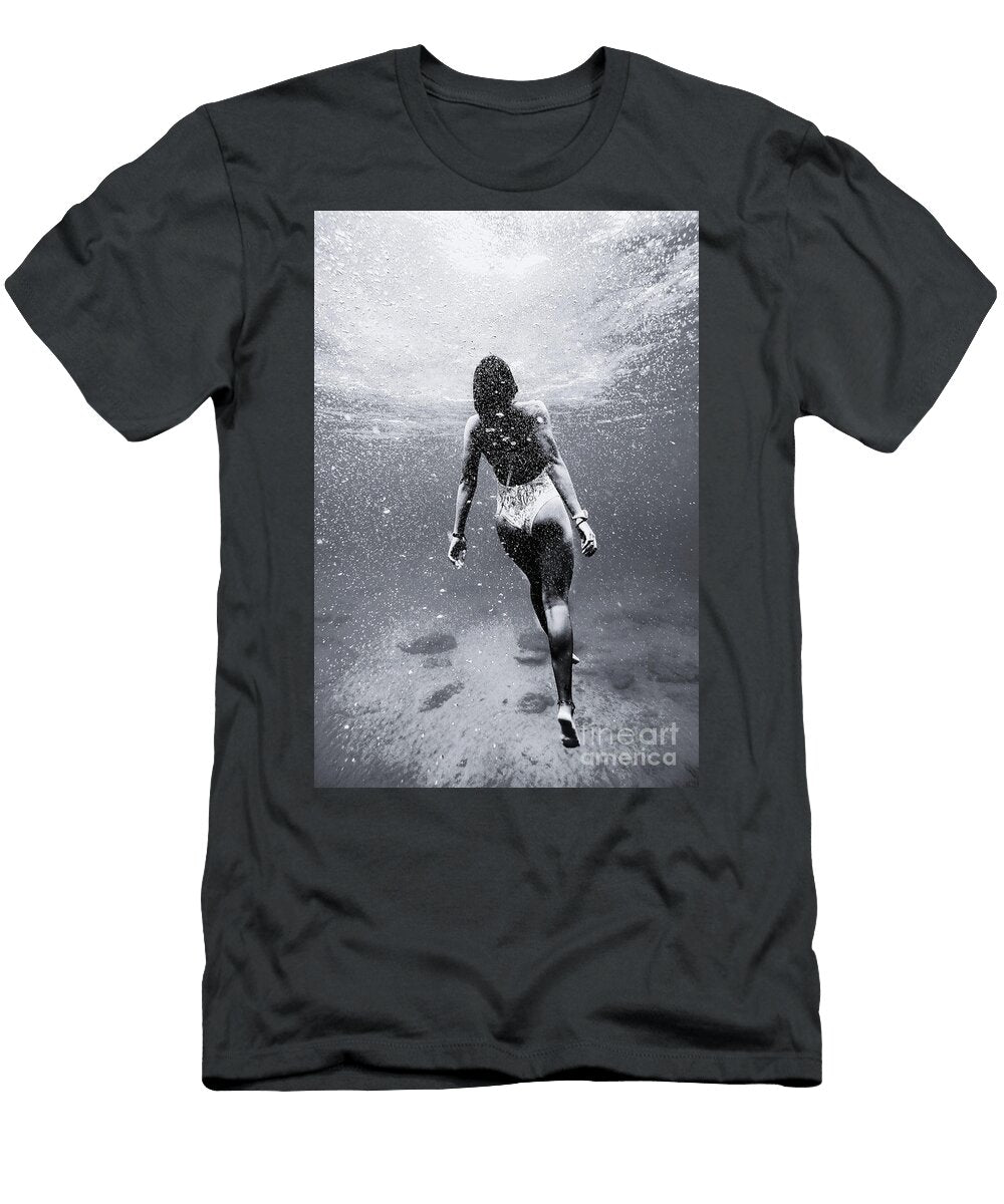 Graceful Woman Swimming Underwater Towards the Surface Light Black and White Dmr Filho T-Shirt