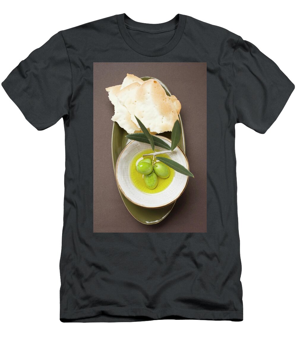 Green Olives on Twig in Bowl of Olive Oil Crackers Foodcollection T-Shirt