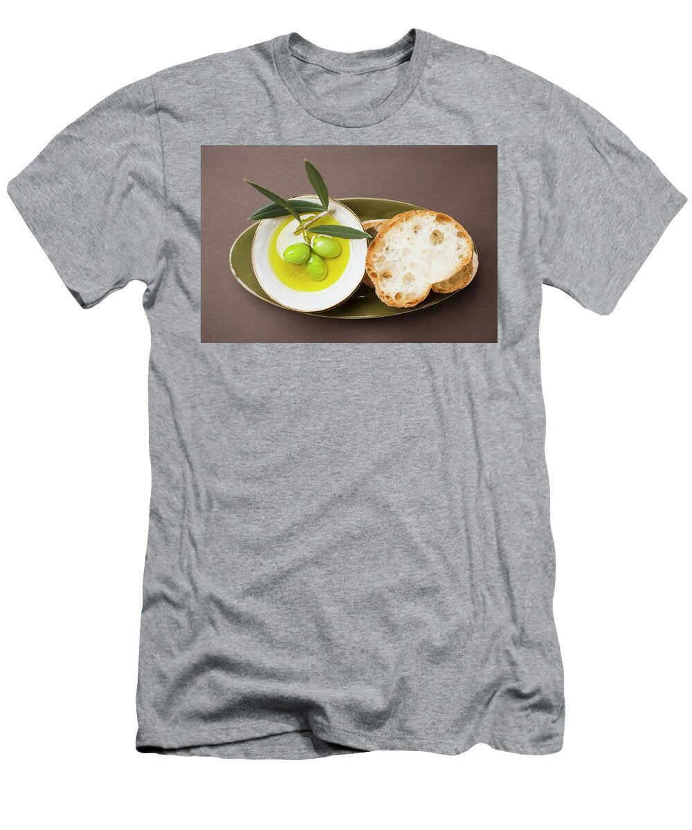 Green Olives on Twig in Bowl of Olive Oil White Bread Foodcollection T-Shirt